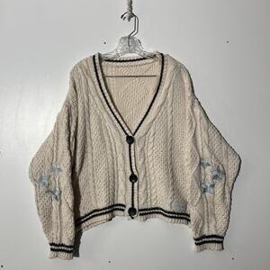Taylor Swift Silver Star Cardigan Sweater Cream Cable Knit Womans Size Large
